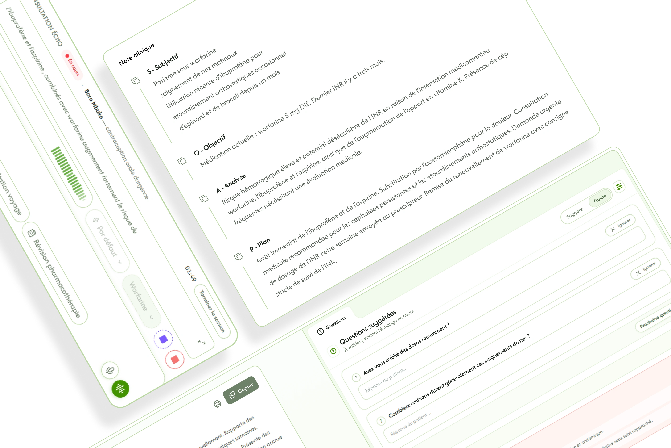 Une consultation dans Écho, avec la transcription et la note en cours