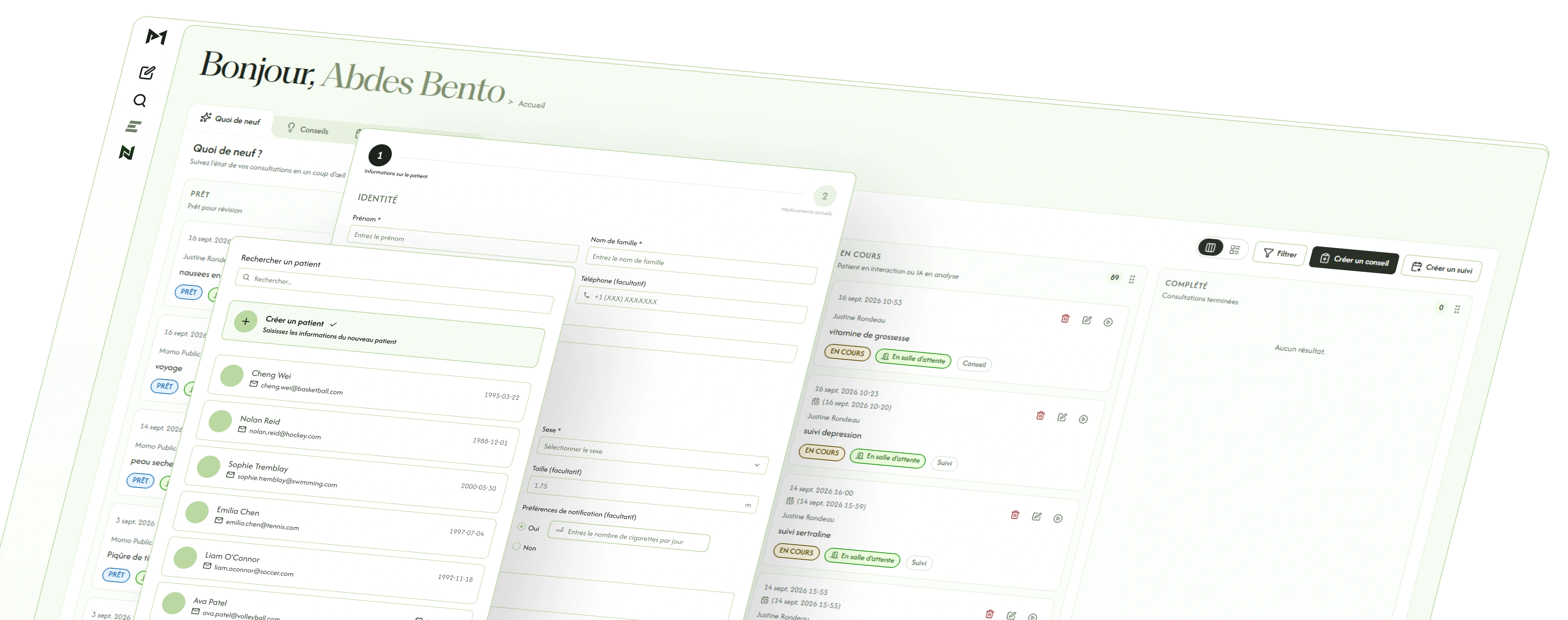 L’accueil Nexus : la liste des patients, un formulaire d’accueil et les consultations en cours